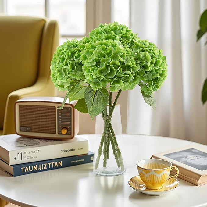 BonBloom's 3 Pcs Dark Green Hydrangea Artificial Flowers, Latex Real Touch Faux Hydrangeas Lifelike Stem & Blooms Fake Flowers for Wedding Bouquet Party Outdoor Table Centerpieces Home Decor