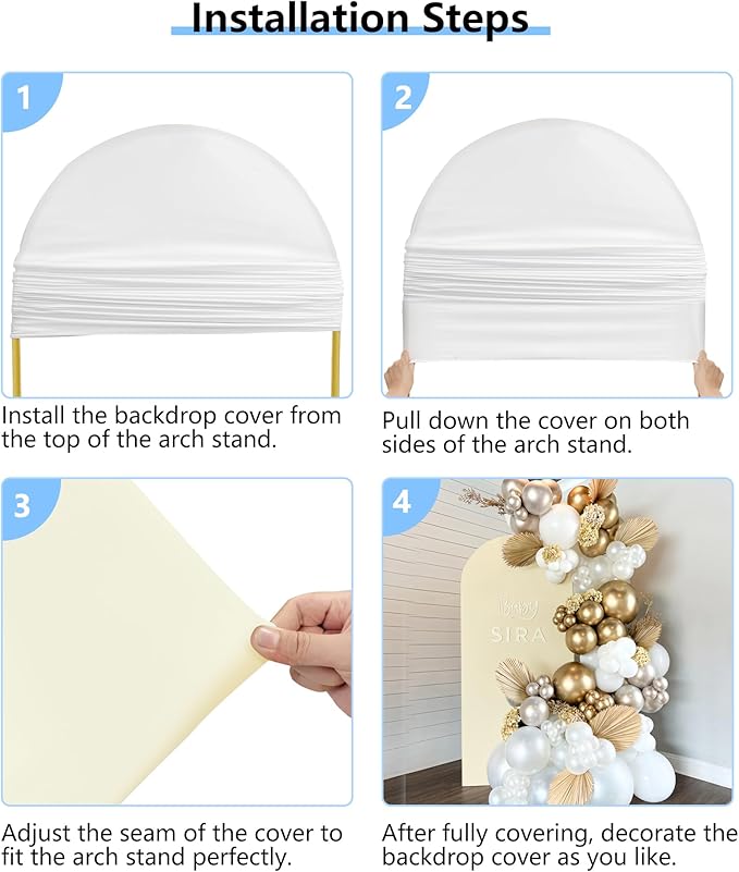 Hemmotop Double Color Wedding Arch Backdrop Cover, Set of 2 (7.2ft, 6ft), 2 Sided Stretchy Spandex Fitted Balloon Arch Stand Backdrop for Birthday Party, Baby Shower, White and Light Beige