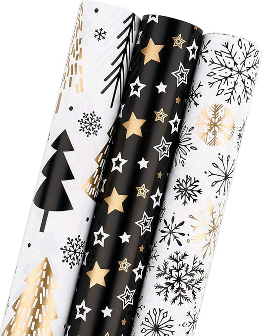 MAYPLUSS Wrapping Paper Roll - Mini Roll - 17 inch X 120 inch Per roll - 3 Different Christmas Black Gold Design (42.3 sq.ft.ttl)