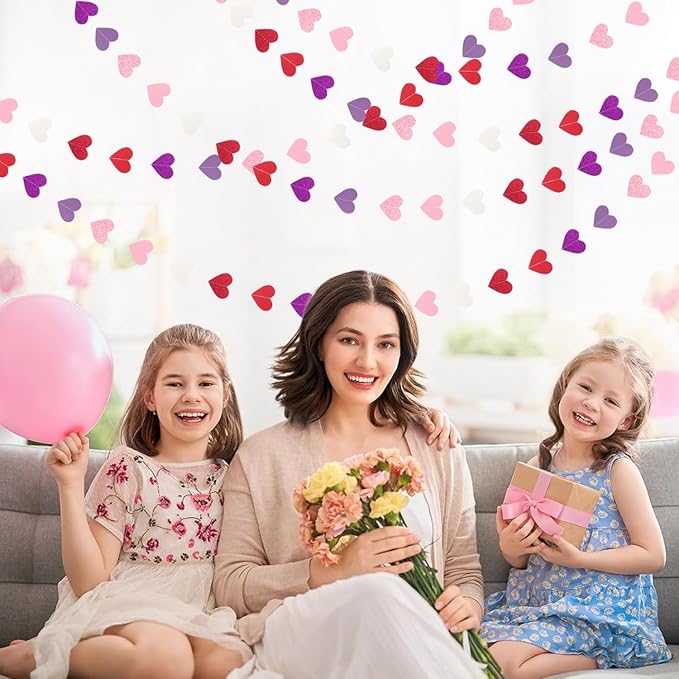 Hot-Pink Purple-Red Party-Decorations Heart-Garland - 62ft Women Girl Hanging Streamers Banner, Mothers Day Birthday Bachelorette Engagement Bridal Baby Shower Backdrop Decor Supplies Burgleda