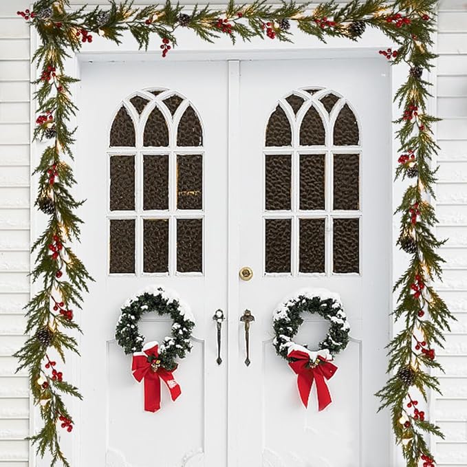Christmas Garland 12FT 40 LED Bulbs Cypress Pine Garland with Lights Battery Operated with Bells Red Berries Pinecones Green Garlands Decoration for Xmas Holiday Thanksgiving New Year Home Decor