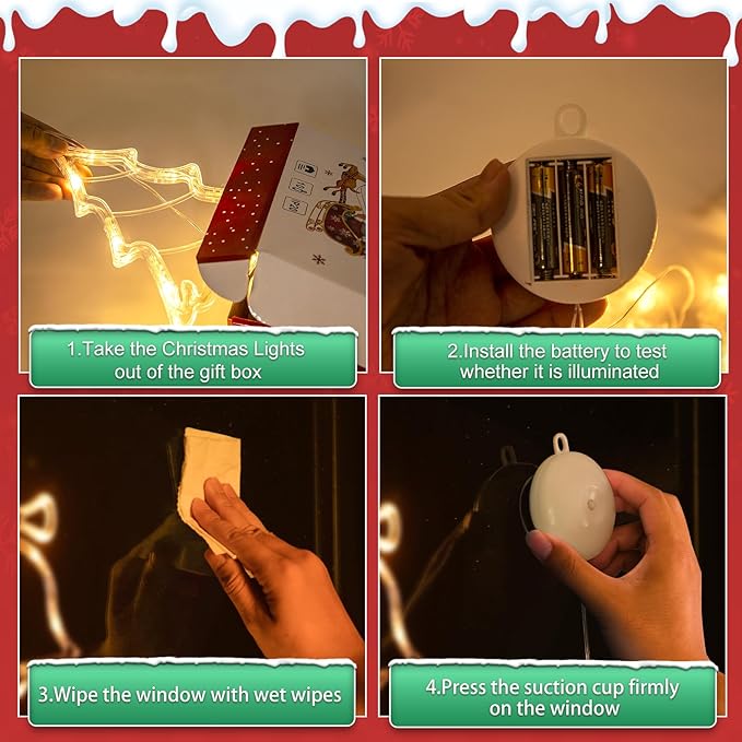 5Pack Christmas Window Lights Decorations with Timer,Battery Powered Christmas Hanging Warm White Lighted Snowflake Tree Star Deer Bells Shaped LED Sucker for Xmas Fireplace Indoor Decor