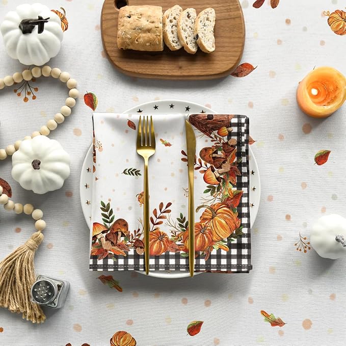 Horaldaily Fall Tablecloth 52x70 Inch Rectangular, Thanksgiving Autumn Harvest Pumpkin Mushroom Black Buffalo Plaid Table Cover for Party Picnic Dinner Decor