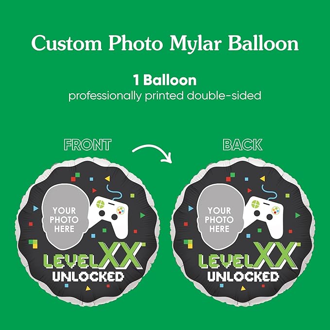 Big Dot of Happiness Personalized Game Zone Fun Face Photo Balloon, Pixel Video Game Birthday Party Decoration, Custom Age Double-Sided Circle Mylar, 1 Piece