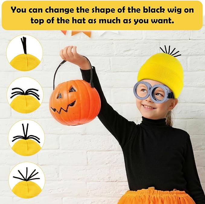 3Pcs Halloween Yellow Costumes Accessories, Steampunk Goggles Glasses/Black Gloves/Yellow Beanie Hat for Adults Men Women Cosplay Party Christmas Birthday Set