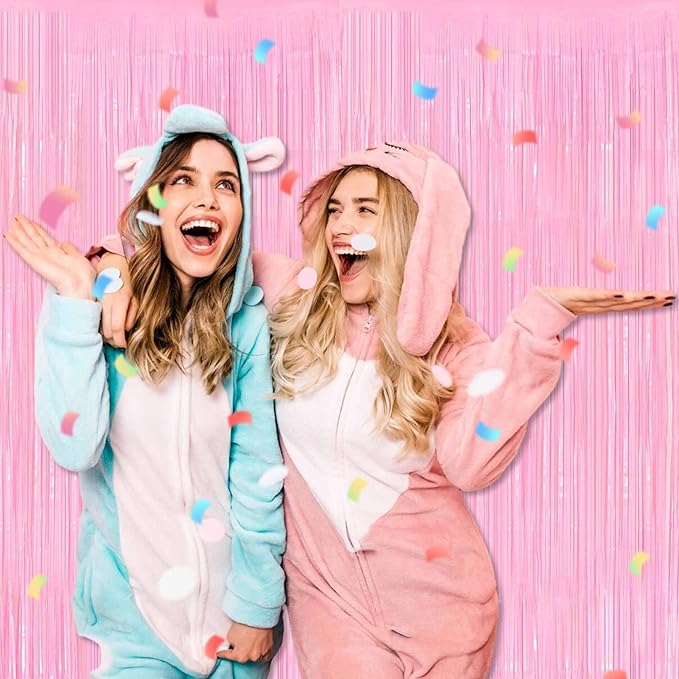 6 Pack Macaron Pink Foil Fringe Curtains Backdrop, 3.28 x 9.8 Ft Metallic Streamers Tinsel Curtains Background for Photo Booth, Birthday, Halloween, Christmas, New Year Party Decorations