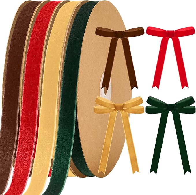 Chuangdi 80 Yards Christmas Velvet Ribbon, 4 Rolls 5/8" Vintage Thin Ribbon for Xmas Gift Wrapping Christmas Tree Wreath Ornaments DIY Crafts Decoration, Deep Red Green Brown Khaki