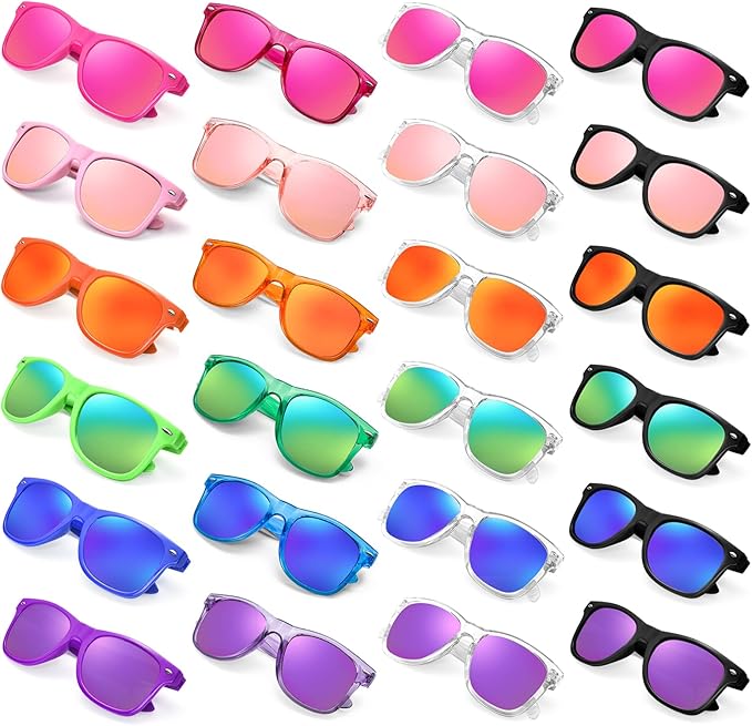 SUNOVELTIES 12/24 Pack Neon Party Sunglasses Mirrored/Jelly Lens Bulk Glasses Horn Rimmed Eyewear for Men Women