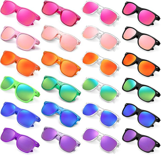 SUNOVELTIES 12/24 Pack Neon Party Sunglasses Mirrored/Jelly Lens Bulk Glasses Horn Rimmed Eyewear for Men Women