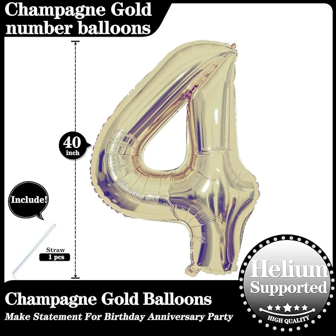 Champagne Gold 4 Number Balloons, 40 Inch Giant Number 4 Balloons Foil Mylar Helium Light Gold Number Balloons for 4th Birthday Party Supplies Anniversary Event Celebration Decorations