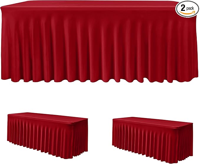 HolidayIdeas 2 Pack Red Spandex Table Skirts for 6 Foot Tables, Fitted Stretch 72 Inch Table Cover for Christmas Dinner, Buffet Table