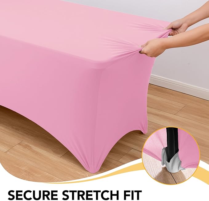 6-Pack Premium Pink Spandex Tablecloths for 8ft Rectangle Tables, Stain & Wrinkle-Resistant, Washable Stretch Polyester Fitted Table Cover for Weddings, Banquets, Trade Shows Events