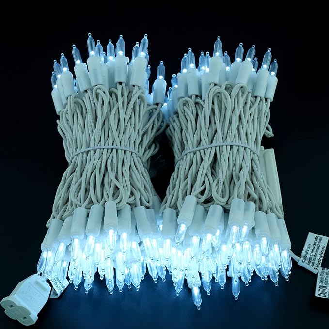 YULETIME 200 White LED Christmas Lights with White Wire, Pack of 2 Strands 33 Feet 100 Lights UL Certified Holiday String Light Set