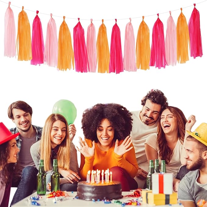 Hot-Pink Orange Fall Party-Decorations Tassel-Garland - 15pcs Groovy Baby-Shower Birthday Wedding Bridal Tassel, Autumn Thanksgiving Banner Streamers, Engagement Bachelorette Sunset Decor Panduola