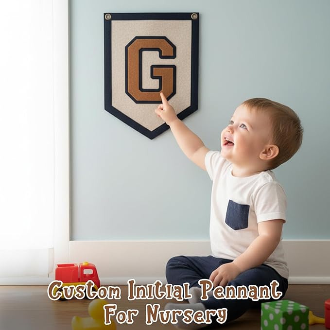 Personalized Initials Hanging Sign, Custom Alphabet Felt Wall Banner for Nursery & Kids Room Decor, Vintage Customized Initial Nursery Felt Flag for Baby Shower Birthday Party Gift