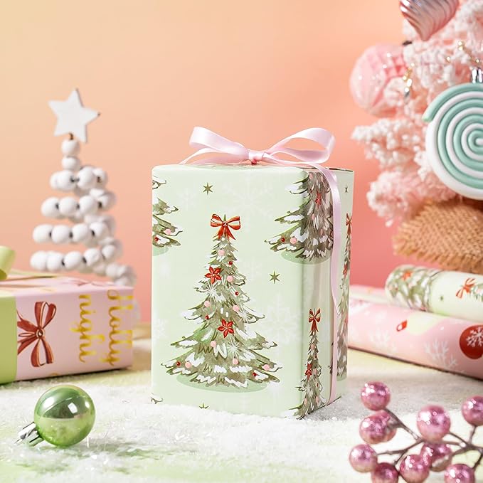 WRAPAHOLIC 30 Inch Christmas Wrapping Paper Roll - Jumbo Roll Light Green and Pink Christmas Tree, Snowflakes and Holly Red Bow Wrapping Paper - 4 Rolls - 30 Inch x 120 Inch Per Roll