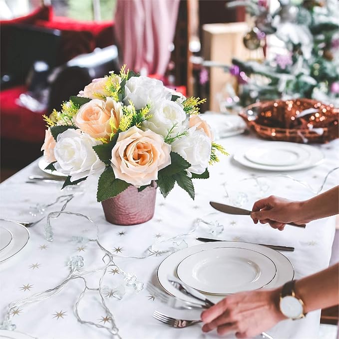 Artificial Flowers Kissing Ball, 2 Pcs Faux Flower Balls Fake Flower 15 Heads Plastic Roses with Base Wedding Bouquets Party Table Decor Home Decor Bouquet for Wedding Centerpieces (Champagne White)