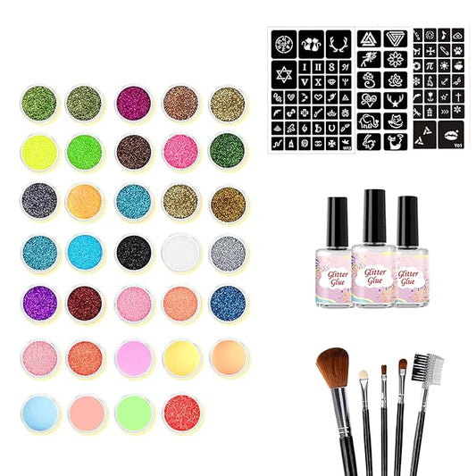 Temporary Glitter Tattoos Kit Kids with 187 glitter Tattoo Templates 34 Colors 3 Glitter Glue and Brushes Suitable for Kids and Girls Glitter Temporary Tattoos Fun Creative Activities
