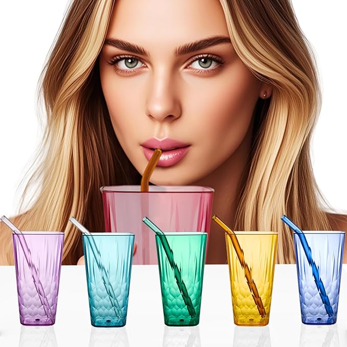 superplanet™ 20 oz Square Plastic Water Cups, Mixed colors (6-pack), unbreakable/BPA-free, with straw, stackable, reusable Acrylic Drinking Cups, suitable for iced tea, milkshakes, and cocktails