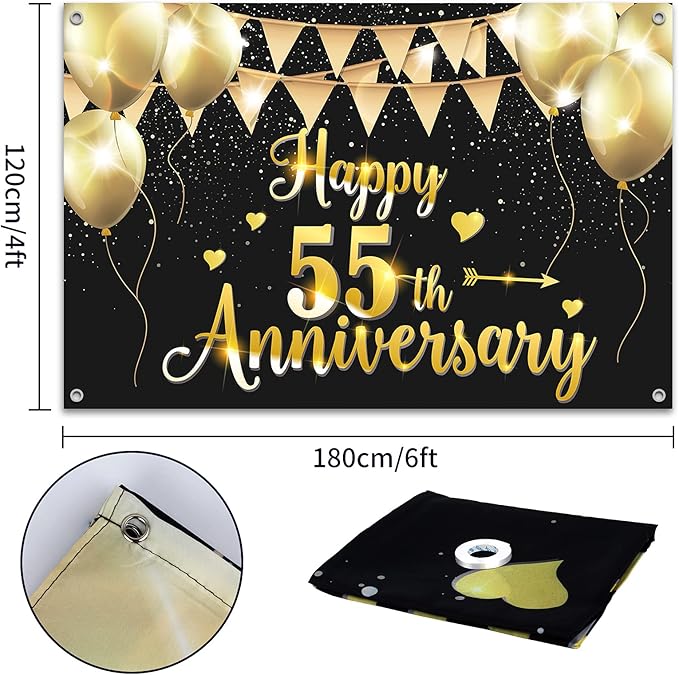 HAMIGAR 6x4ft Happy 55th Anniversary Banner Backdrop - 55 Wedding Anniversary Decorations Party Supplies - Black Gold
