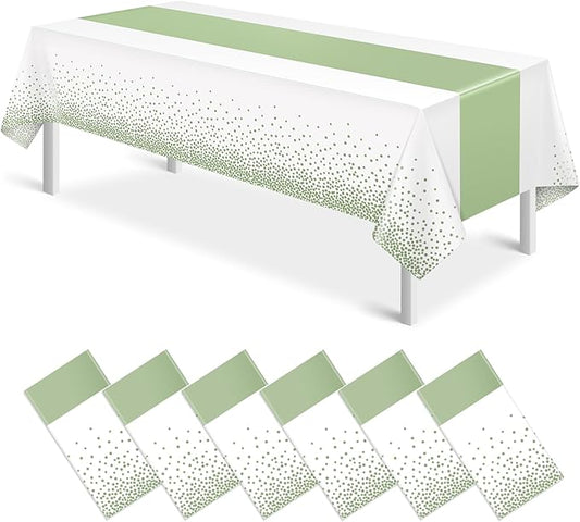 6Pcs White and Sage Green Tablecloth Decorations,Plastic White Table Cloth Printed Green Table Runner Disposable Rectangle Table Cover for Birthday Wedding Anniversary Graduation Party,54 x108 Inch