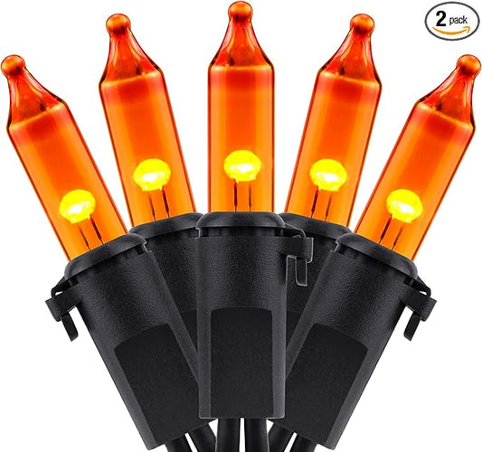 YULETIME Orange String Lights with Black Wire, 66 ft 200 Count UL Certified Christmas Light, Pack of 2 Sets 33 ft 100 Light Set for Halloween Fall Holidays (Orange)