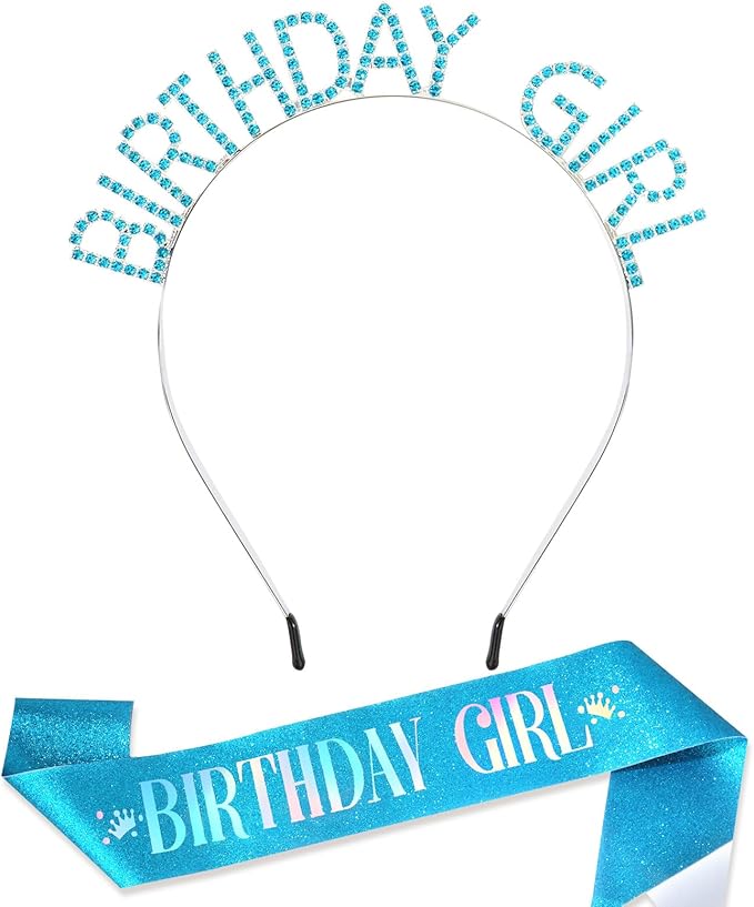 CAVETEE Birthday Girl Crown and Sash， Princess Tiara Happy Birthday Headband Party Accessories for Women and Girls