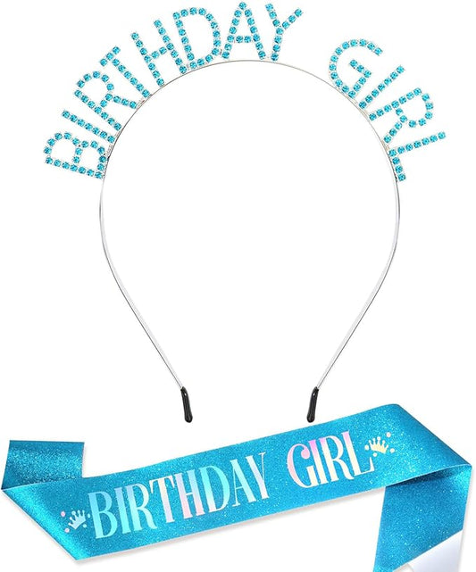 CAVETEE Birthday Girl Crown and Sash， Princess Tiara Happy Birthday Headband Party Accessories for Women and Girls