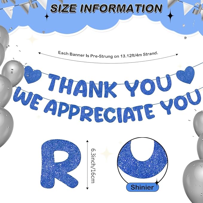 Fulmoon Pre Strung Thank You We Appreciate You Glitter Banner Funny Appreciation Banner for Employee Coworker Staff Teacher Thank Sign Party Decorations(Navy Blue)