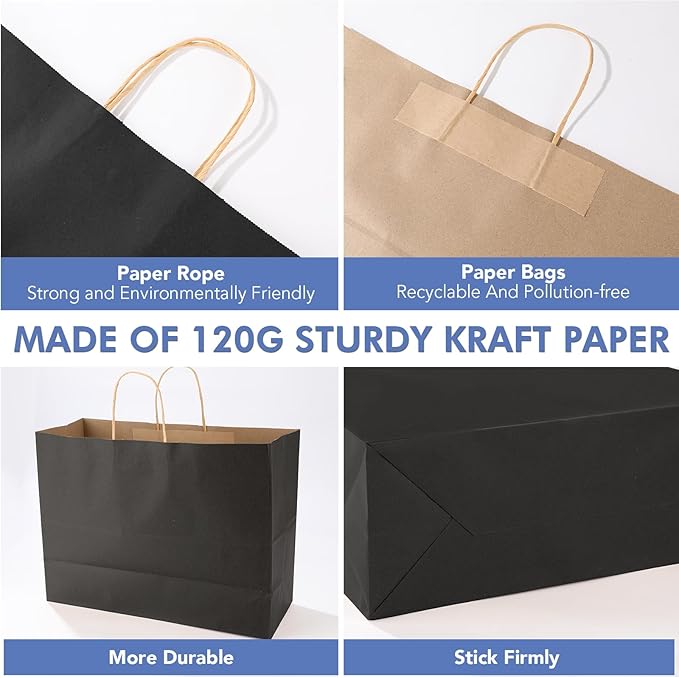XPCARE 100Pack Large Kraft Paper Bags with Handles Bulk, 16x6x12 Inch Black Paper Bag Kraft Shopping Bags for Business Merchandise Wedding Party Favor Bag