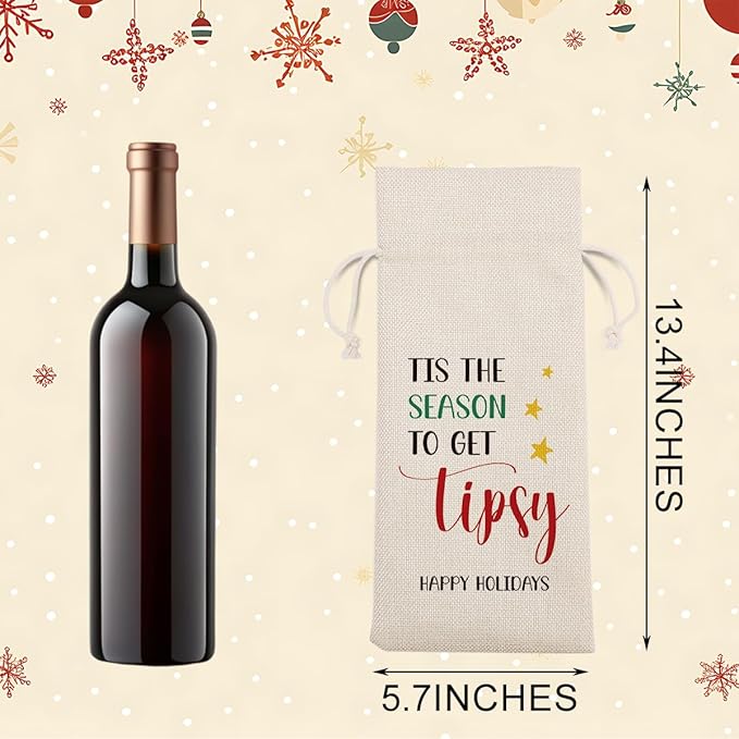 Funny Christmas Wine Bags for Wine Bottles Gifts Christmas Wine Bottle Cover Drawstring Gift Bags Tis The Season to Get Tipsy Burlap Wine Bag for Xmas Holiday Housewarming Party Decorations