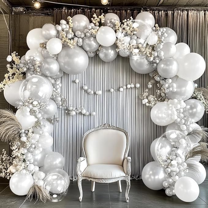 Pearl Silver Balloon Arch Double Stuffed Pearl Metallic Silver Balloon Garland Kit Different Sizes 12/10/5in With Clear Bobo Balloons for Birthday Wedding Bridal Baby Shower Graduation Party Decor