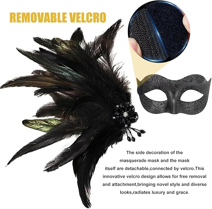 Masquerade Mask for Women Shiny Venetian Mask for Halloween Mardi Gras Costume Party Ball with Feather flower dec.