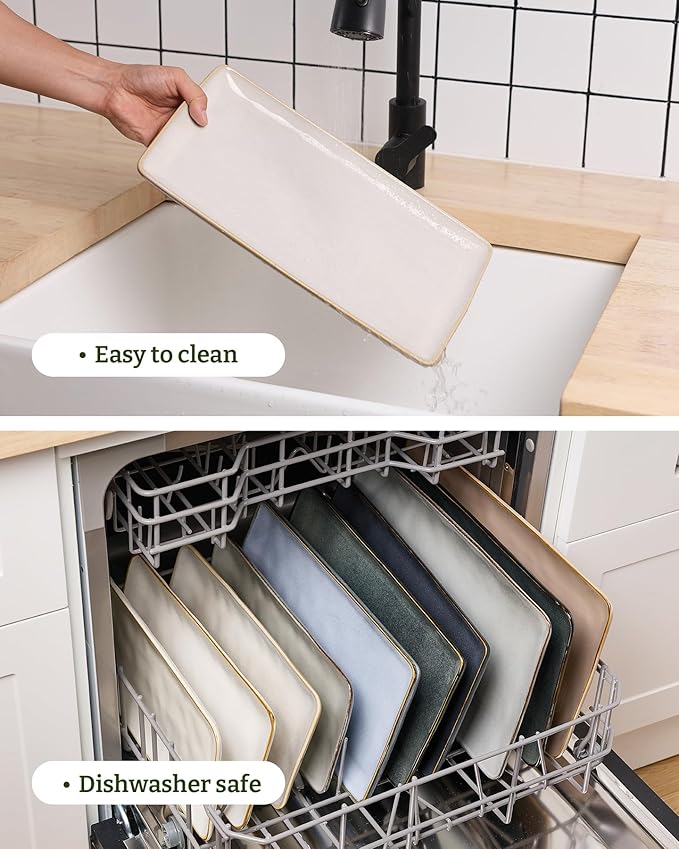 famiware Serving Platter, Rectangular 15.67/14.1/12.6 inch Serving Dishes for Entertaining, Microwave Dishwasher Safe, Stonware Serving Trays for Party, Turkey, Cheese, Ocean Series, Cappuccino White