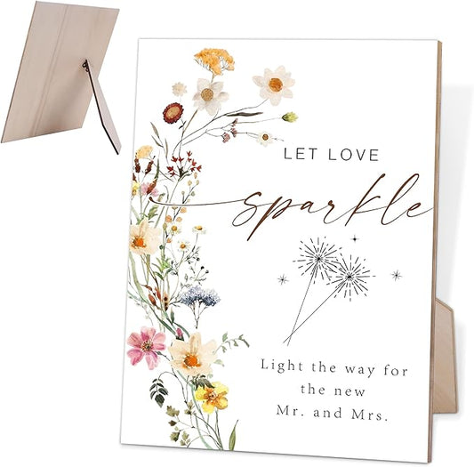 Flower Let Love Sparkle Sign, Sparkler Send Off Sign, Wedding Decorations for Reception, Bridal Shower Party Decor, Table Centerpieces for Party, 6X8 Inch Wooden Bridal Shower Signs with Stand, 21