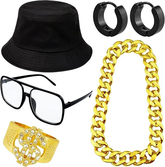 5 Pack 80s 90s Hip Hip Costume Outfit Kit Bucket Hat Fake Gold Chain Sunglasses Dollar Sign Finger Ring Earring Hoop for Men Women Punk Rapper Jewelry Accessories