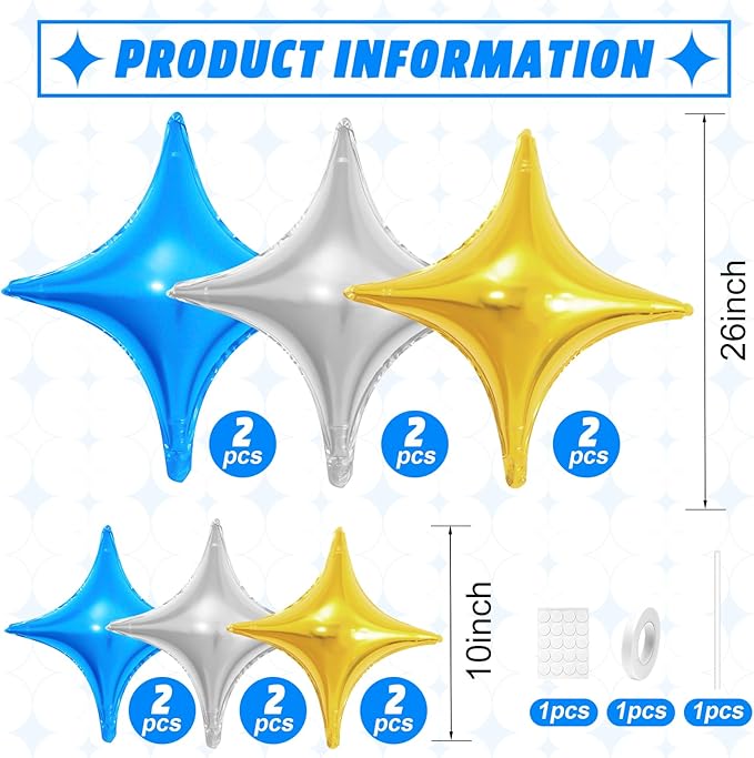 Blue Gold Silver Balloons,12Pcs Four Angle Star Foil Balloons,26Inch and 10Inch Blue Silver Gold Quadrangle Helium Balloon for Birthday Anniversary Party Decorations