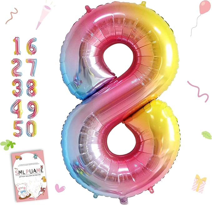 Smlpuame 40 Inch Number Balloons 0-9 Rainbow Gradient Large Number 8 Balloons, Digital Balloons for Birthday Party Celebration Decorations, Helium Foil Number Balloons for Wedding Anniversary