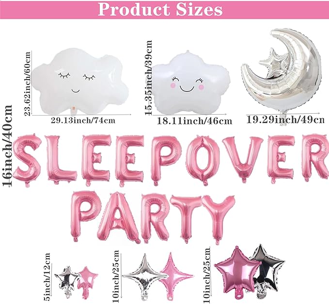 47 Pieces Sleepover Party Decoration Pink Sleepover Birthday Party Balloons Banner Cute Moon Star for Girls Pajamas Slumber Night Out Party Decoration (Pink)