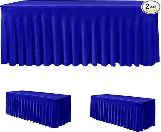 HolidayIdeas Royal Blue 4ft Rectangle Spandex Tablecloth 2 Pack Fitted Stretch Table Skirts 24x48 Inch, Ruffle Design Wrinkle-Free Polyester Table Cover for Banquets,Trade Shows, Parties, Events