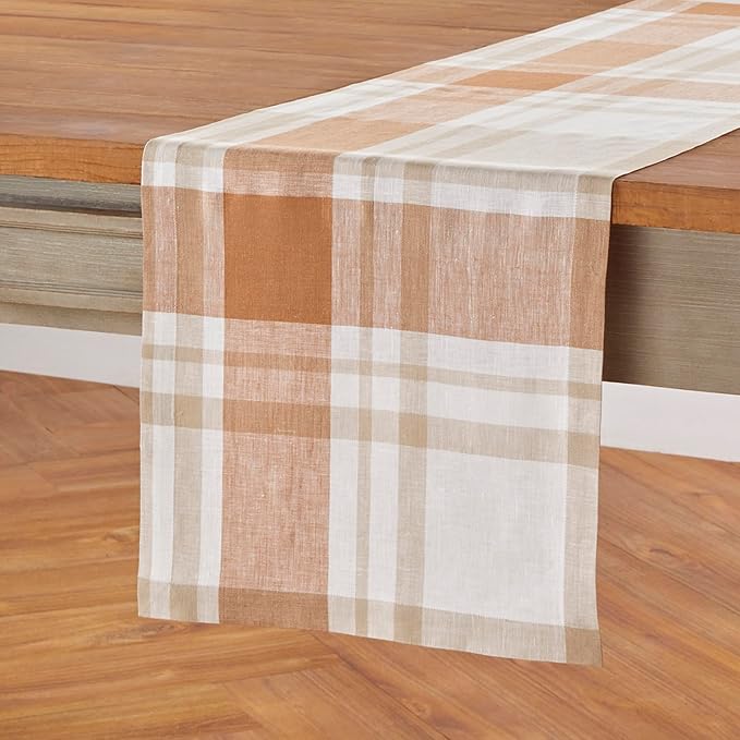 Solino Home Linen Plaid Table Runner 72 Inches Long - 100% Pure Linen Fall Harvest Table Runner 14 x 72 Inch for Dining, Autumn, Thanksgiving, Holiday
