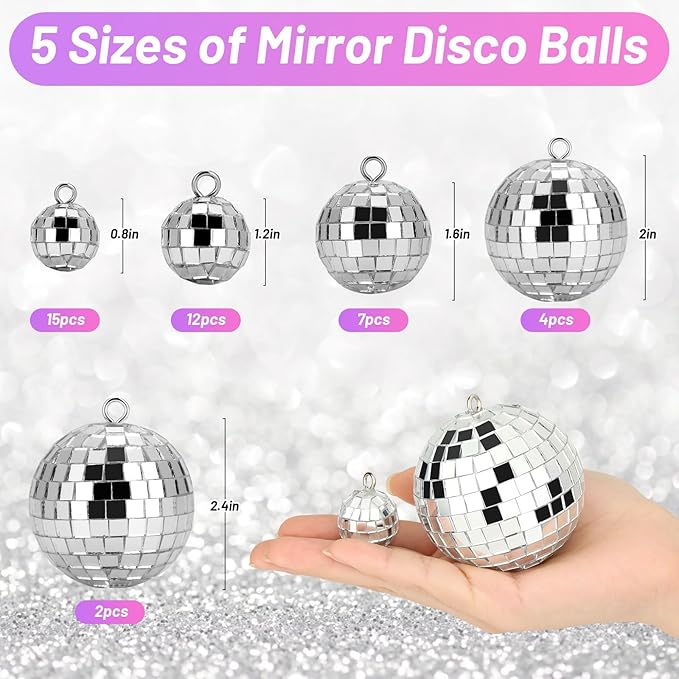 40 Pcs Disco Balls with Rope, 5 Sizes Mini Disco Ball Decor Ornaments, Small MirrorBall Different Sizes Silver Decorations for Halloween DIY Christmas Tree Topper Music Prom Party Wedding