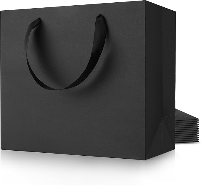 MOXARYSU Large Black Gift Bags: 12.5x4.5x11 Inch 12pcs Kraft Paper Bags Bulk For Party Shopping Birthday Wedding (L,12)