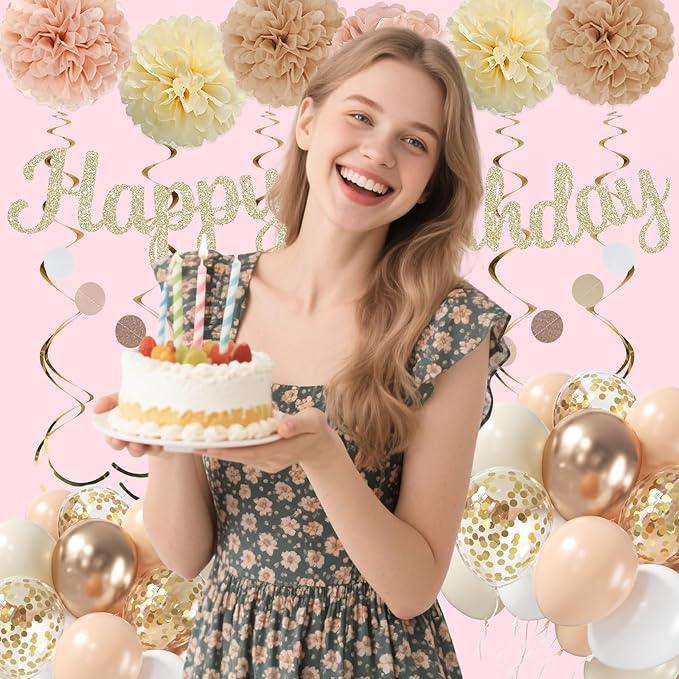 Champagne-Gold Beige Fall Birthday Party Decorations for Women Girls, Autumn Nude Neutral Boho Balloons Decor, Happy Banner, Hanging Swirls Tissue Pom Poms Retro Backdrop Supplies