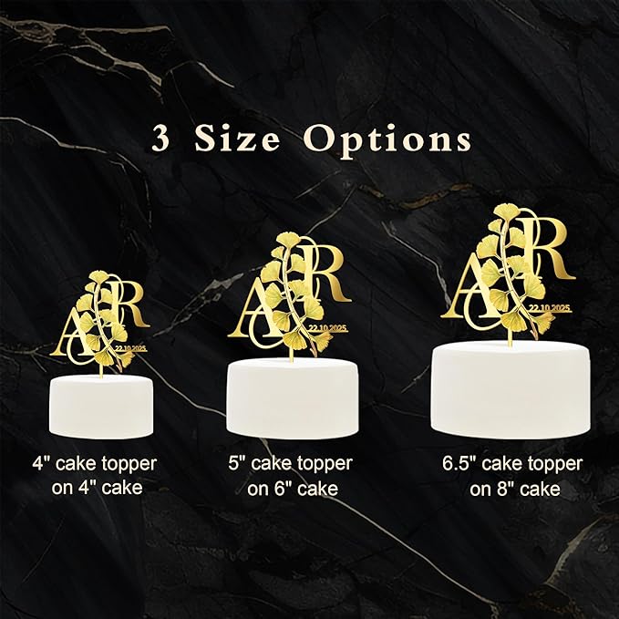 Personalized Fall Wedding Cake Topper in Acrylic Custom Bride and Groom Initial Cake Topper Wedding Date Cake Decoration (Gingko leaves)