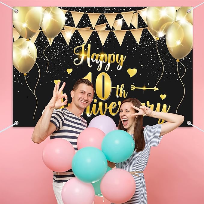 HAMIGAR 6x4ft Happy 10th Anniversary Banner Backdrop - 10 Wedding Anniversary Decorations Party Supplies - Black Gold