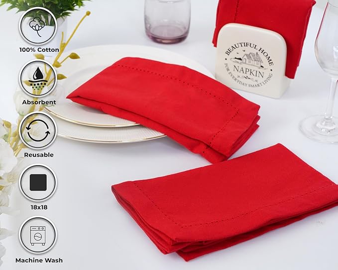 Blue Needles Set of 12 Hemstitch Linen Napkins 100% Cotton Red Cloth Dinner Napkins 18x18 inches, Soft, Reusable, Absorbent, Washable, Ideal for Fall Thanksgiving Events, Parties & Everyday Use