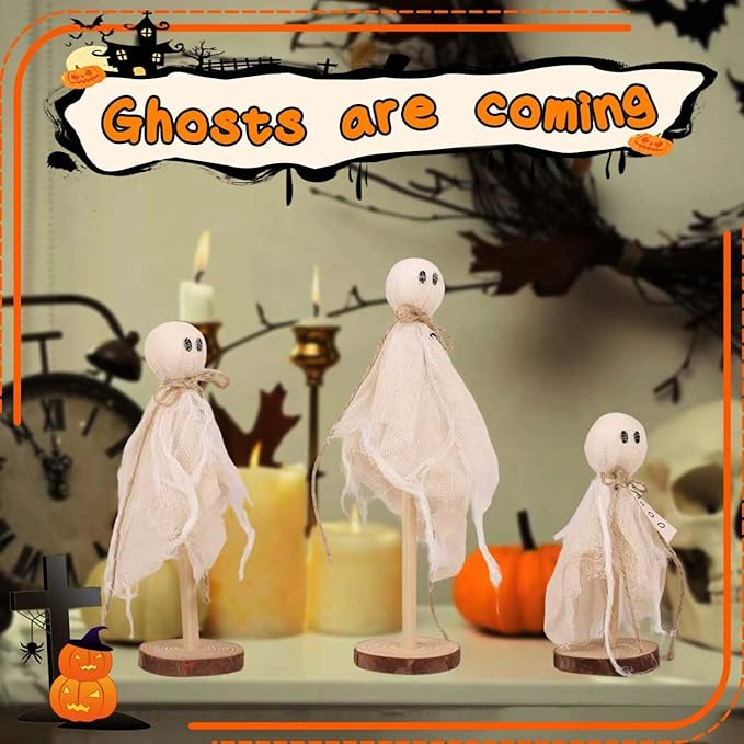 3 Set of Primitive Ghosts on Wooden Stand Halloween Decorations Indoor for Table Centerpieces Tiered Trays Shelves Mantels Home Halloween Décor