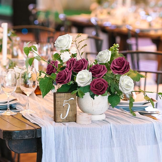 Artificial Flowers Realistic Roses, Real Looking Fake Roses with Stem for DIY Wedding Bouquets Centerpieces Bridal Shower Party Home Romantic Decorations (White & Wine Red, Regular 3" - 200pcs)