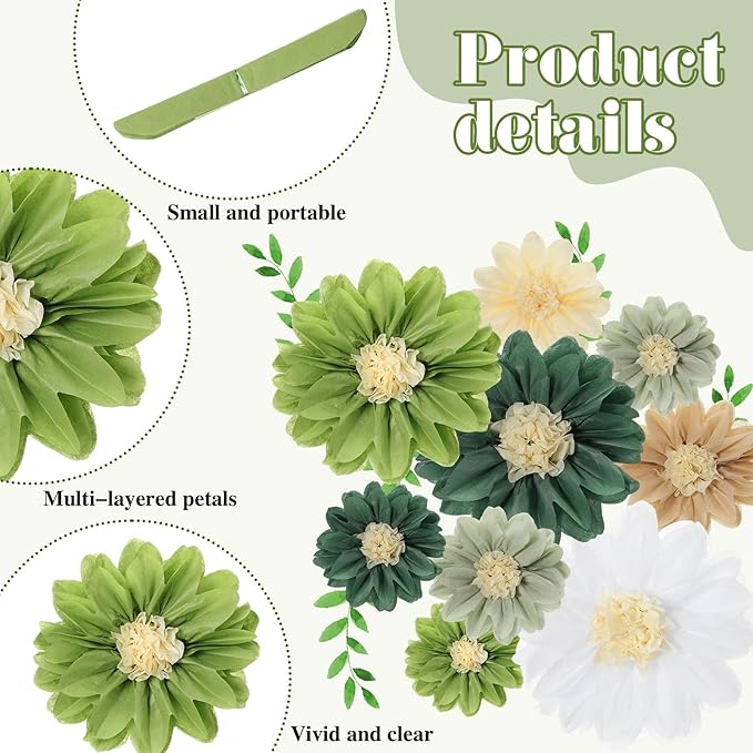 Geyee 18 Pcs Mexican Paper Flowers Colorful Fiesta Tissue Paper Flowers Pom Poms Mexican Carnival for Floral Party Backdrop Wedding Birthday Party Craft, 6" 8" 10"(Green Series)